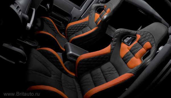 Спортивные кресла - ковши и обшивка салона jeep wrangler kahn design, английская кожа,  красная и черная кожа с оранжевой прошивкой.
