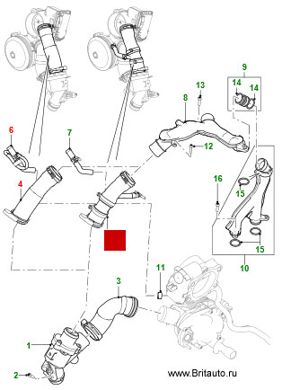 Выпускной патрубок охлаждающей жидкости Jaguar XF, XJ, XK и F-Type, на 3,0Л и 5,0Л Бензин турбонаддув. 
