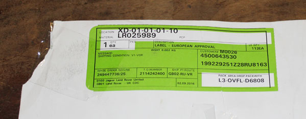Информационная наклейка - сертификационный ярлык 'E' Range Rover Sport 2010 - 2013