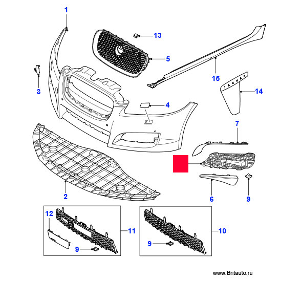 Решетка бампера в спортивном стиле, закрытая боковая сетка, правая, Jaguar XF