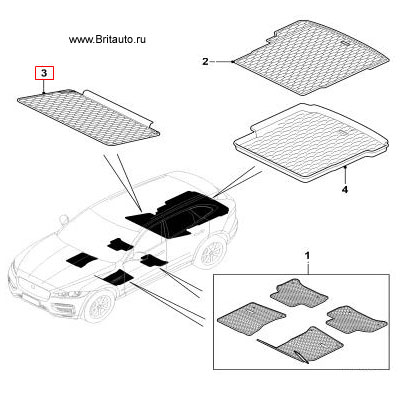 Дополнительная секция коврика багажного отделения Jaguar F-Pace, резиновая, на сложенные спинки задних кресел.