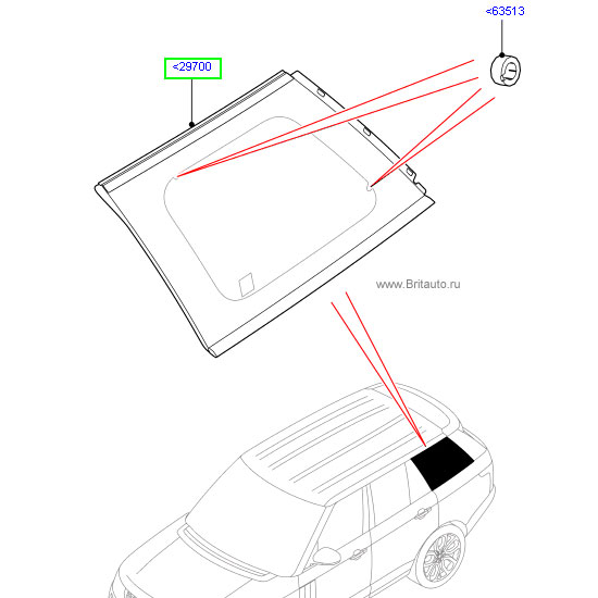 Стекло заднего бокового окна Range Rover 2013 - 2015, левое, с цифровым приемником TV, с непрозрачным стеклом, неопускаемое.