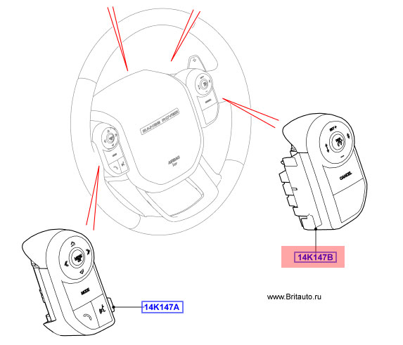 Блок кнопок на руле Range Rover 2013 - 2018 и Range Rover Sport 2014 - 2018, правый, с круиз-контролем, с обогреваемым рулевым колесом.