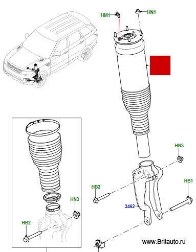 Амортизатор передний правый Range Rover Sport 2014 - 2020, пневмоподвеска, не адаптивный.