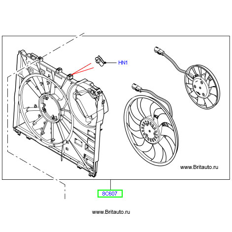 Электродвигатель и вентилятор в сборе, блок охлаждения двигателя с 2-мя вентиляторами, на Range Rover 2013 - 2019.и Range Rover Sport 2014 - 2019, на 3,0Л Дизель.