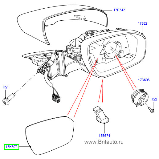 Зеркальный элемент зеркала заднего вида правого Range Rover Evoque, выпуклое зеркало, без информации о мертвых зонах.