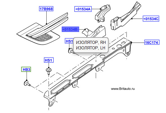 Изолятор крыла левого, дальше от лобового стекла, под капотом Range Rover 2013 - 2021 и Range Rover Sport 2014 - 2021