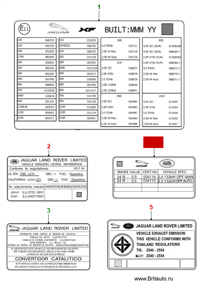 Предупреждающая этикета токсичности выхлопа jaguar xf 2015 - 2018, 2,0-3,0л турбодизель.