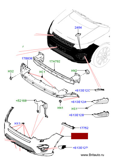 Бампер передний Land Rover Discovery Sport, с парктрониками, камерой, без ПТФ.