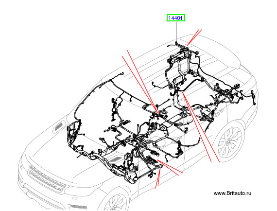 Главный жгут электропроводки Range Rover Sport 2014 - 2016 , на Бензин 5,0Л и 3,0Л, с 5-ти местной конфигурацией, с подвеской ACE, без камеры.