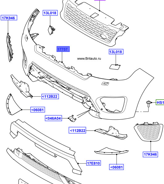 Бампер передний Range Rover Sport SVR, с парктрониками передними, без парктроников передних боковых, без автоматической системы парковки.