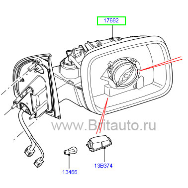 Корпус зеркала заднего вида правого lr freelander, с обогревом, складывается, память, фонарь подсветки при входе.