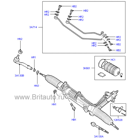 Рейка рулевого механизма Range Rover 2002 - 2012, на 4,2 и 4,4Л Бензин и 3,6Л Дизель, без рулевых наконечников