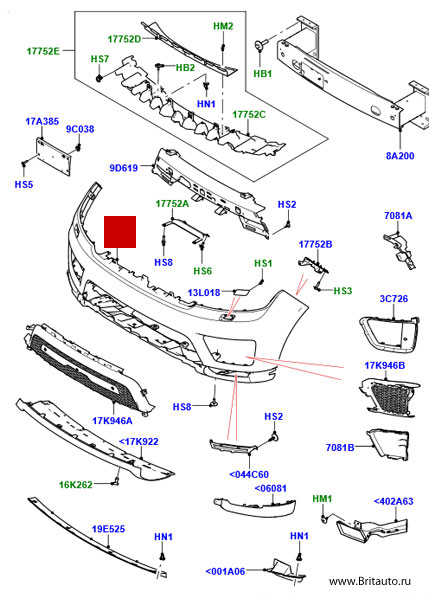 Передний бампер Range Rover Sport 2018 - 2019 до VIN: JA010253, с передними парктрониками, без боковых парктроников