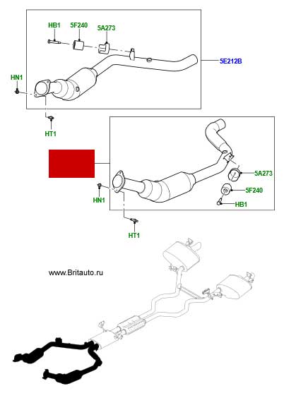 Левый катализатор, нисходящая труба, на Range Rover 2013 - 2017 и Range Rover Sport 2014 - 2017, на 3,0Л Бензин