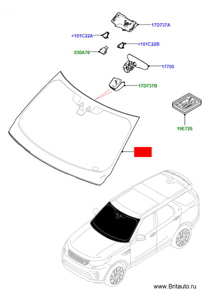 Лобовое стекло Land Rover Discovery 5, стандартное, с обогревом, без дисплея над головой.